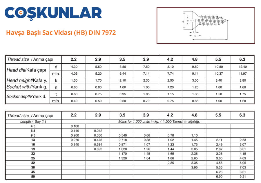 Havşa Başlı Sac Vidası (HB) DIN 7972