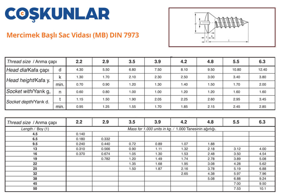Mercimek Başlı Sac Vidası (MB) DIN 7973