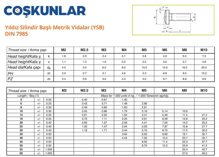 Yıldız Silindir Başlı Metrik Vidalar (YSB) DIN 7985